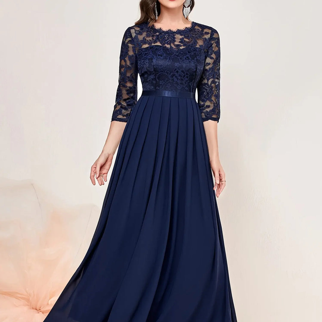 Gail | Lace Pleated Quarter Sleeve Formal Evening Dress