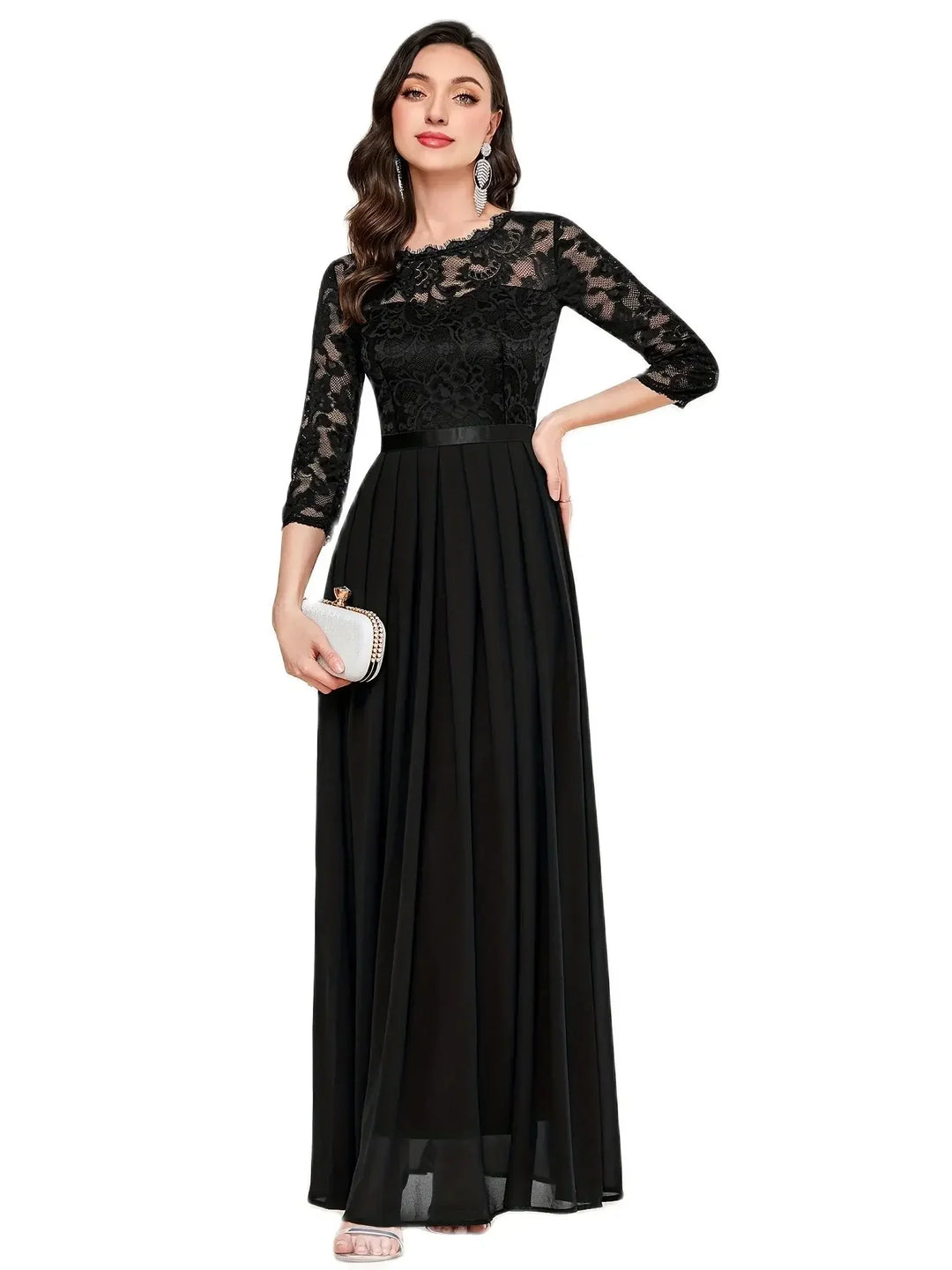 Gail | Lace Pleated Quarter Sleeve Formal Evening Dress