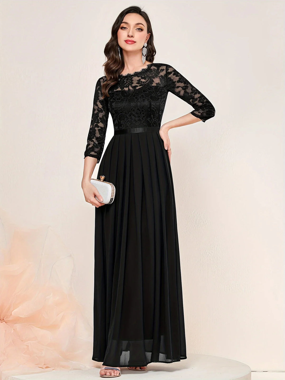 Gail | Lace Pleated Quarter Sleeve Formal Evening Dress