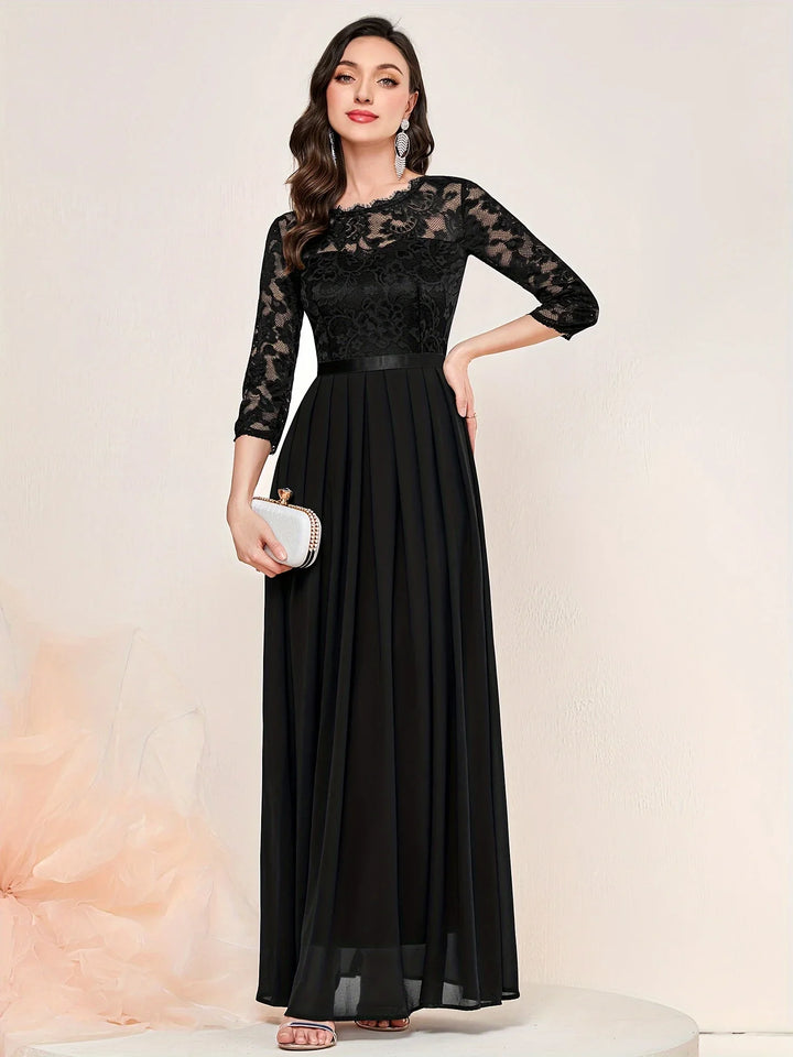 Gail | Lace Pleated Quarter Sleeve Formal Evening Dress