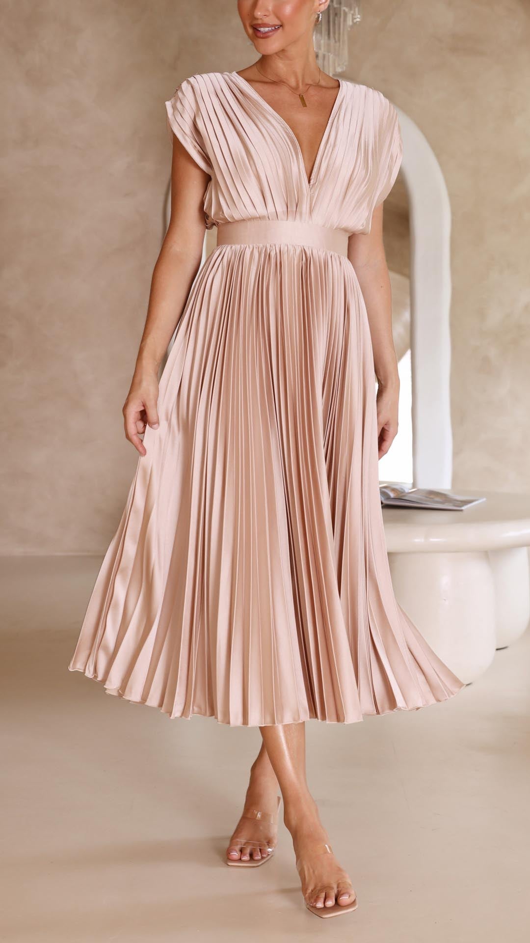 Maria | Fall Wedding Guest Pleated Maxi Dress