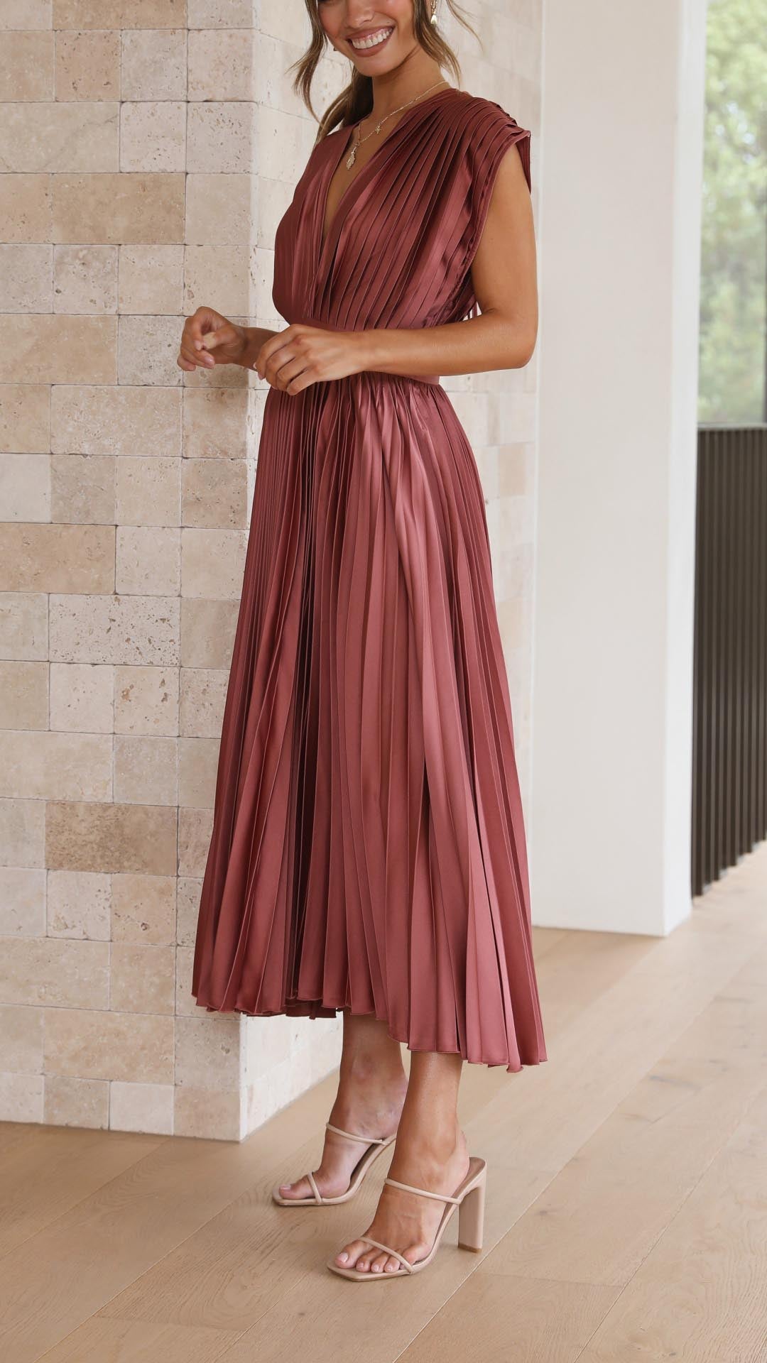 Maria | Fall Wedding Guest Pleated Maxi Dress