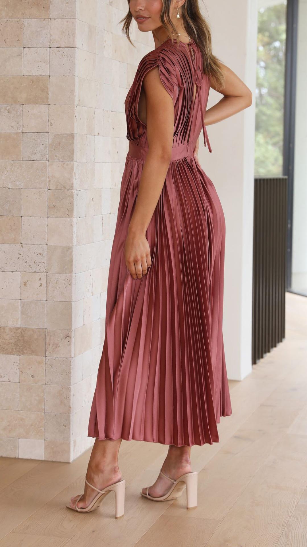 Maria | Fall Wedding Guest Pleated Maxi Dress