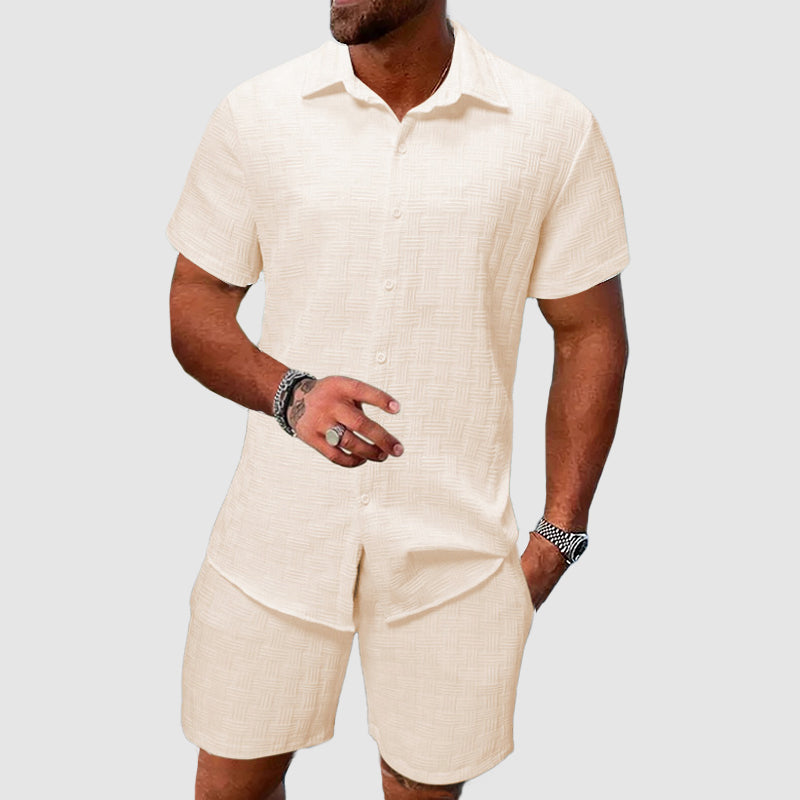 Aldous | Men's Short Sleeve Button Down Shirt & Shorts Set - Cream - Image 1