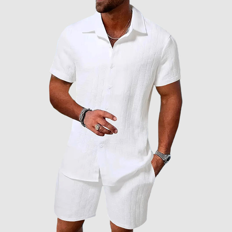 Aldous | Men's Short Sleeve Button Down Shirt & Shorts Set - Cream - Image 2