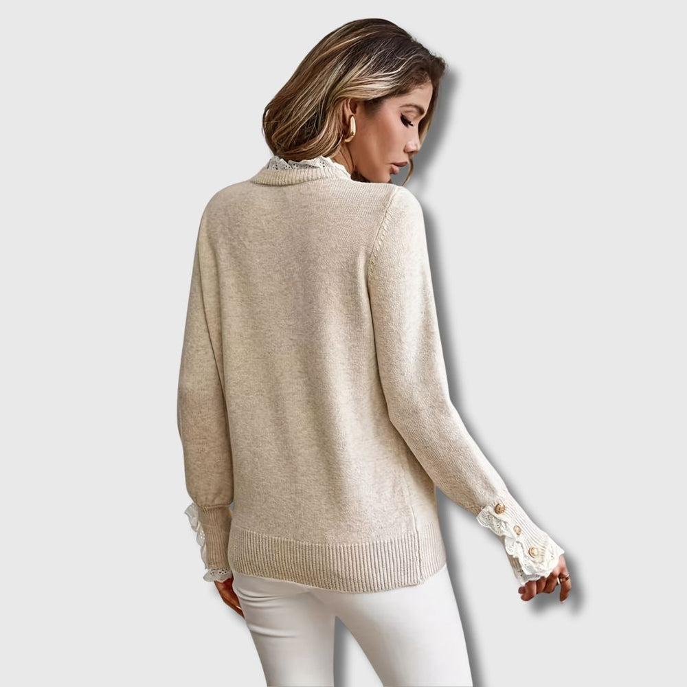 Ameliana | Women's Lace Trim Round Neck Long Sleeve Sweater - Beige - Image 2