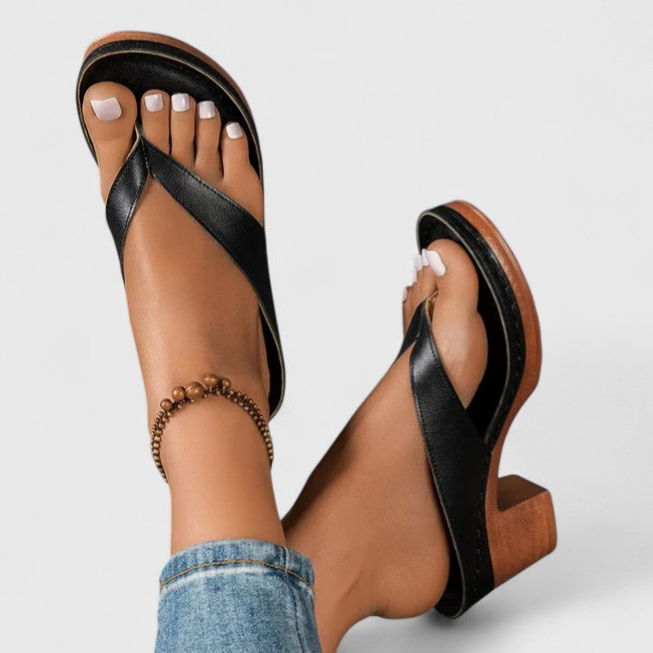 Anastasia | Women's Thong Block Heel Sandals - Black - Image 1