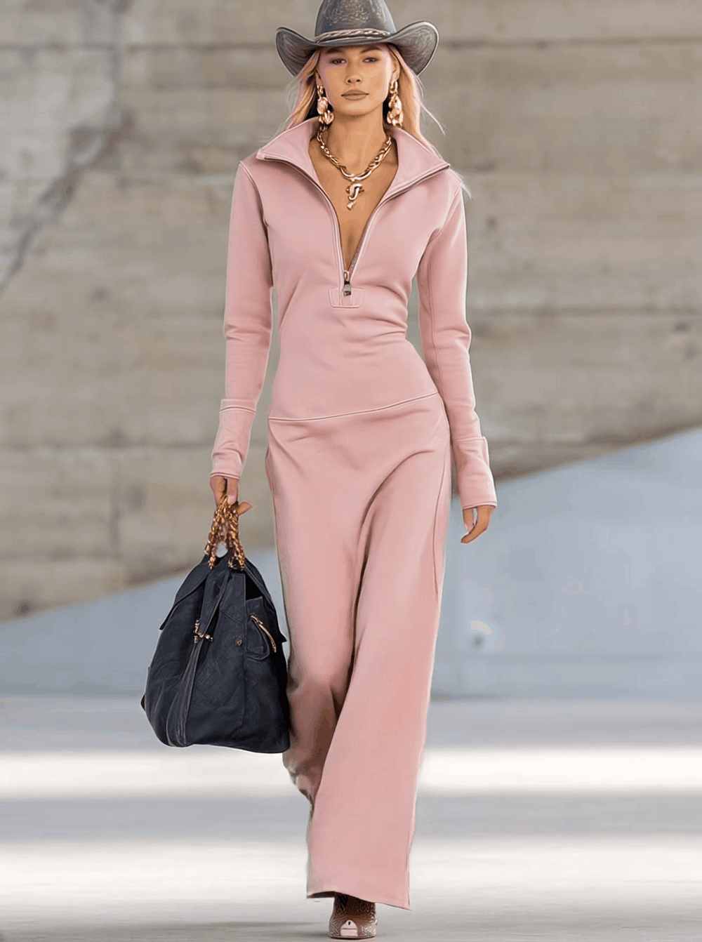 Anika | Women's Long Sleeve Zip Neck Fitted Maxi Dress - Light Pink - Image 2