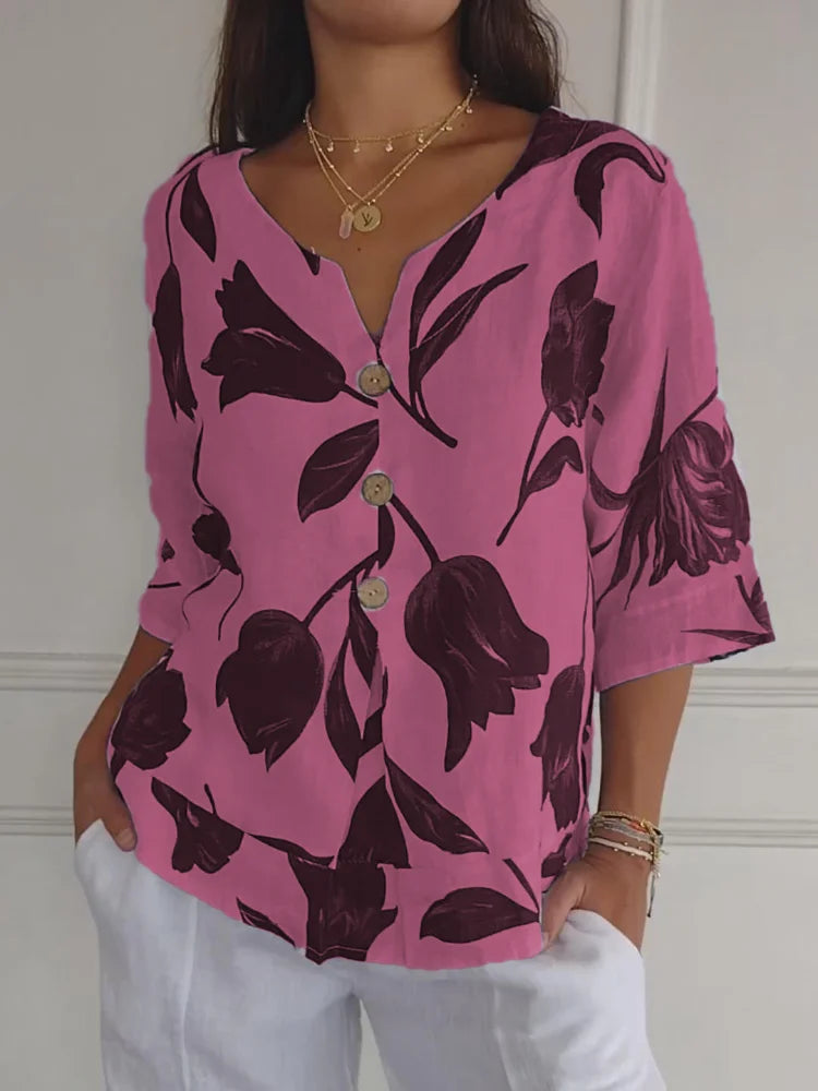 Auriana | Women's Floral V-Neck Button-Up Blouse - Image 2
