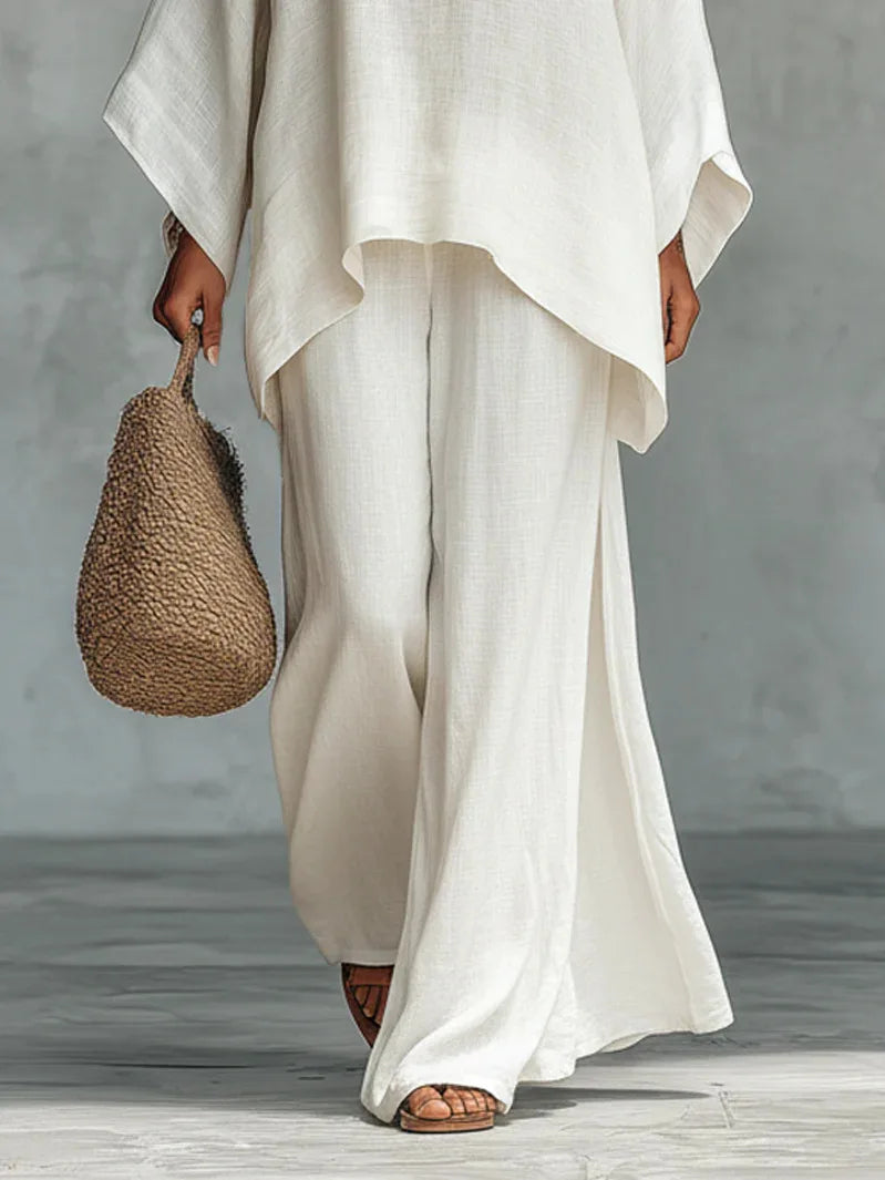 Beatrice | Women's Oversized Round Neck Wide Leg Set - White - Image 2