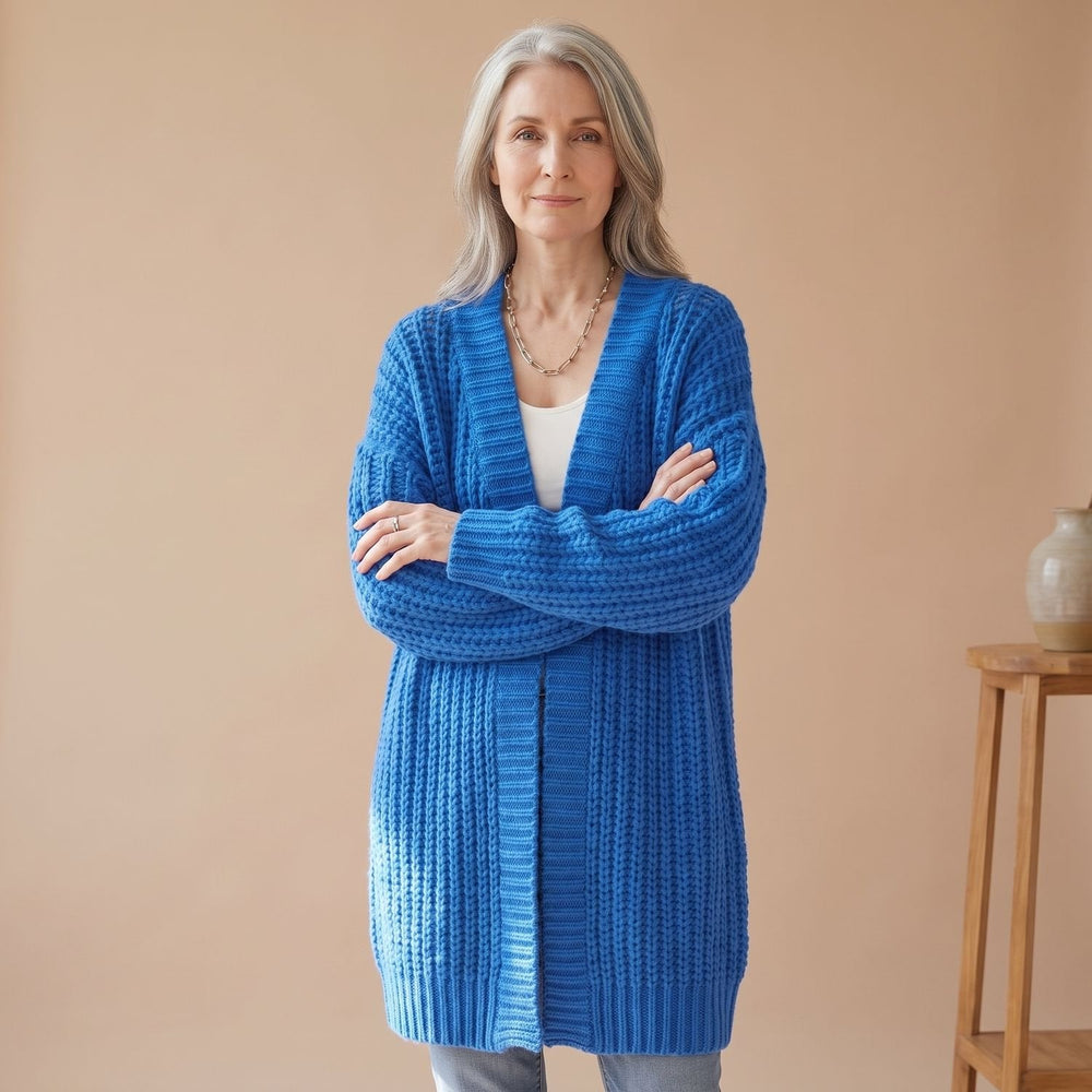 Brelvane | Women's Oversized Chunky Knit Cardigan Sweater - Royal Blue - Image 2