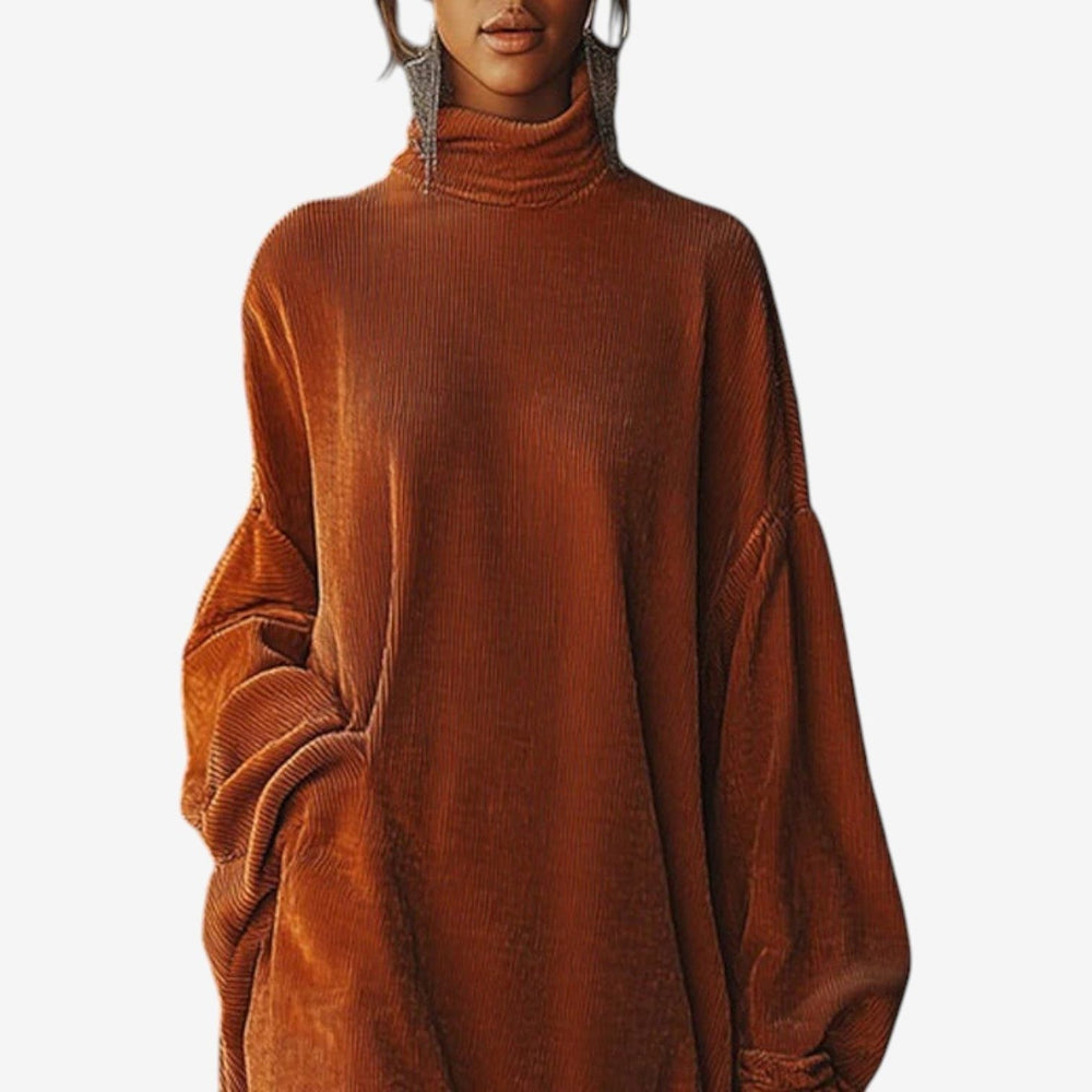 Brelvora | Women's Turtleneck Sweater Dress with Fringe - Brown - Image 2