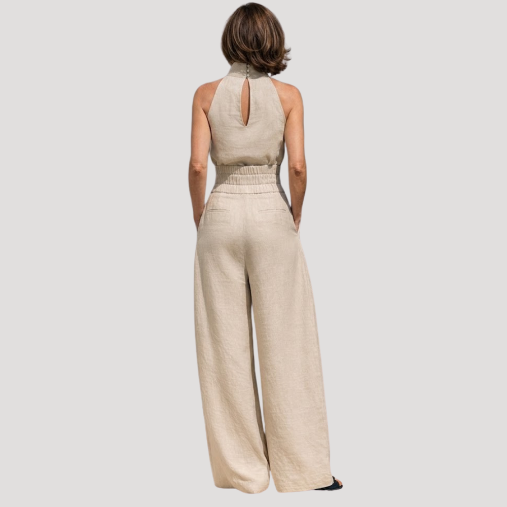 Briana | Women's Mock Neck Sleeveless Wide Leg Trouser Set - Beige - Image 2