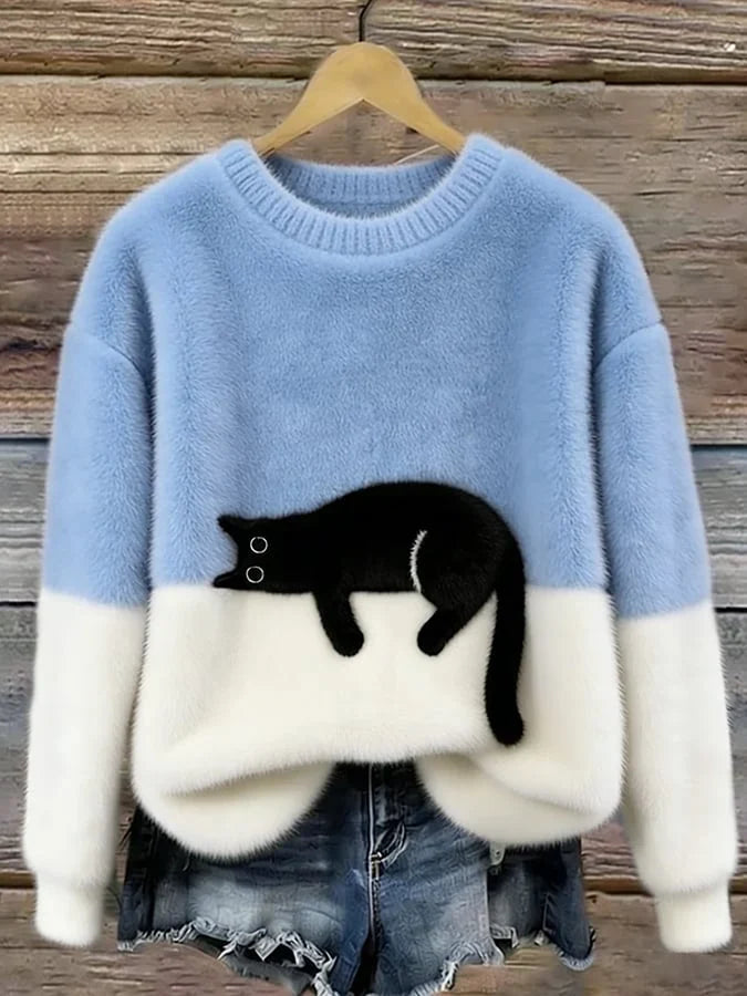 Brindell | Women's Fuzzy Cat Print Knit Sweater - Light Blue - Image 1