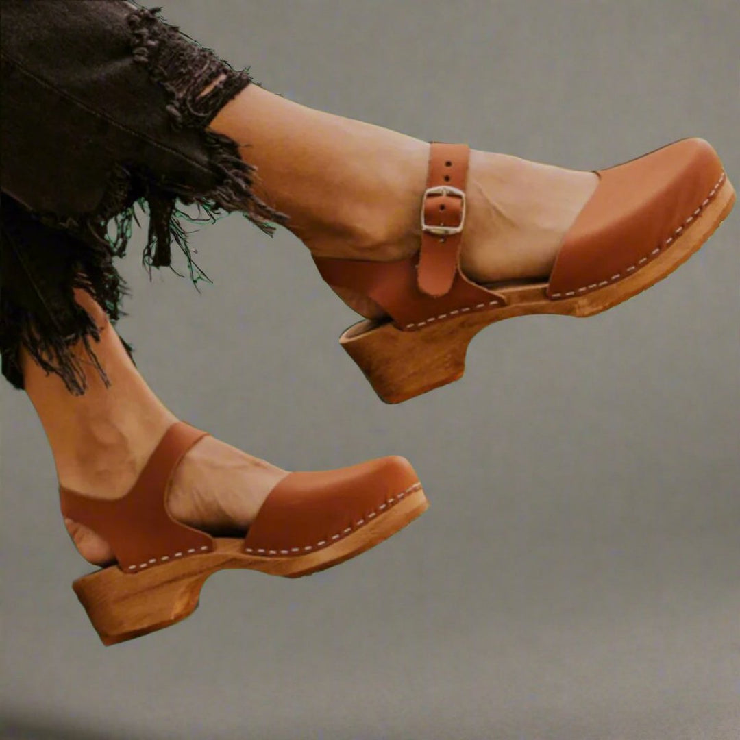 Britta | Women's Platform Clog Ankle Strap Closed Toe Heel - Light Brown - Image 1