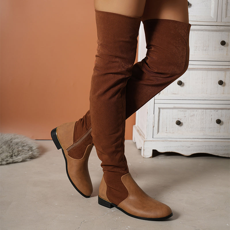 Caldris | Women's Over-the-Knee Boots Flat Heel - Beige - Image 2
