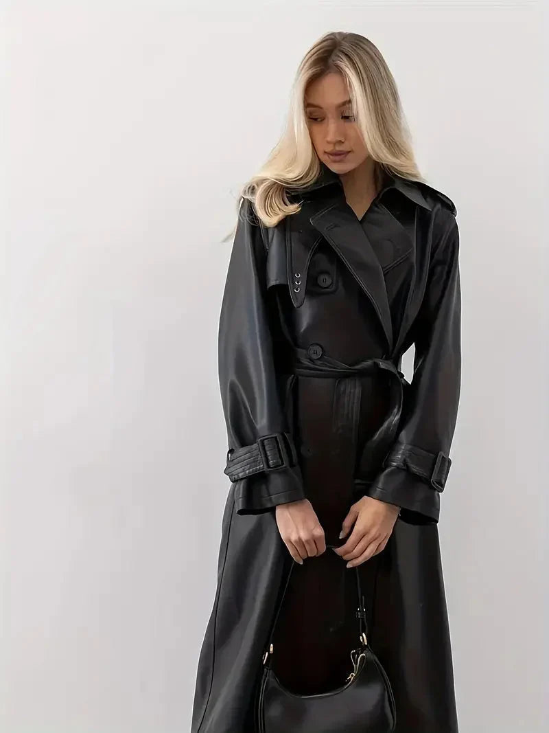 Caldwyn | Women's Leather Trench Coat Belted - Black - Image 2
