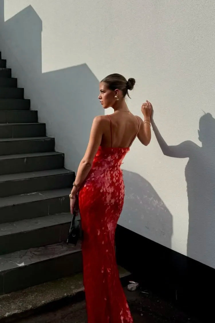 Calliope | Women's V-Neck Backless Maxi Dress - Red - Image 2