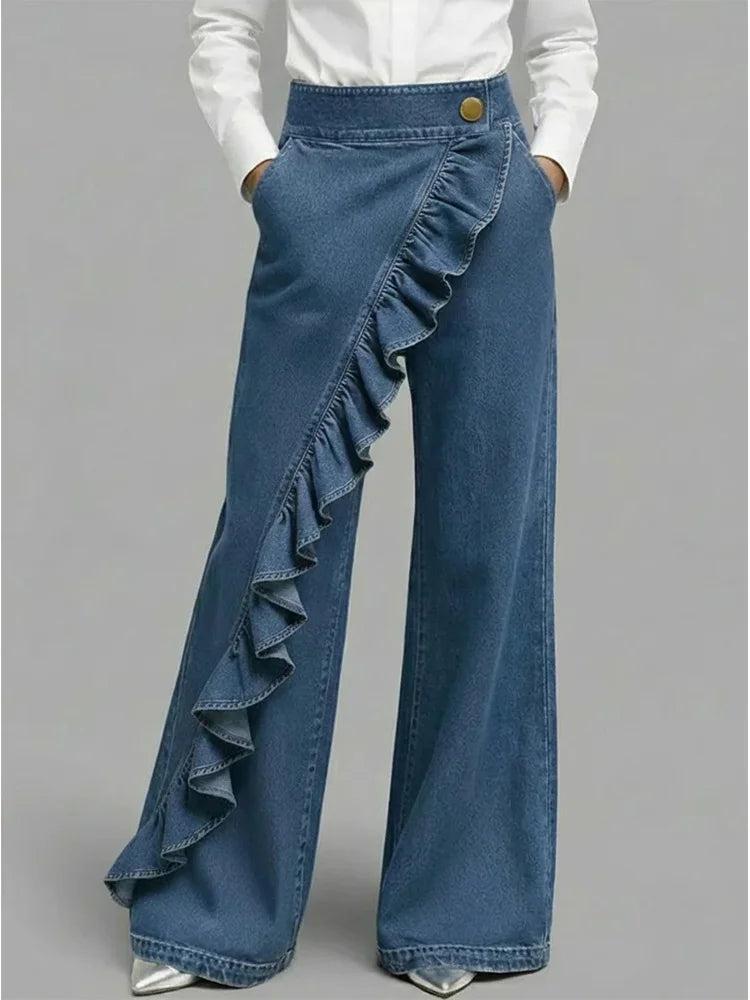 Calloway | Women's Baggy Wide Leg Ruffle Jeans - Blue - Image 1