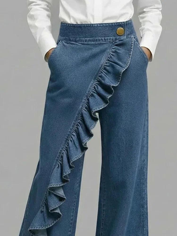 Calloway | Women's Baggy Wide Leg Ruffle Jeans - Blue - Image 2