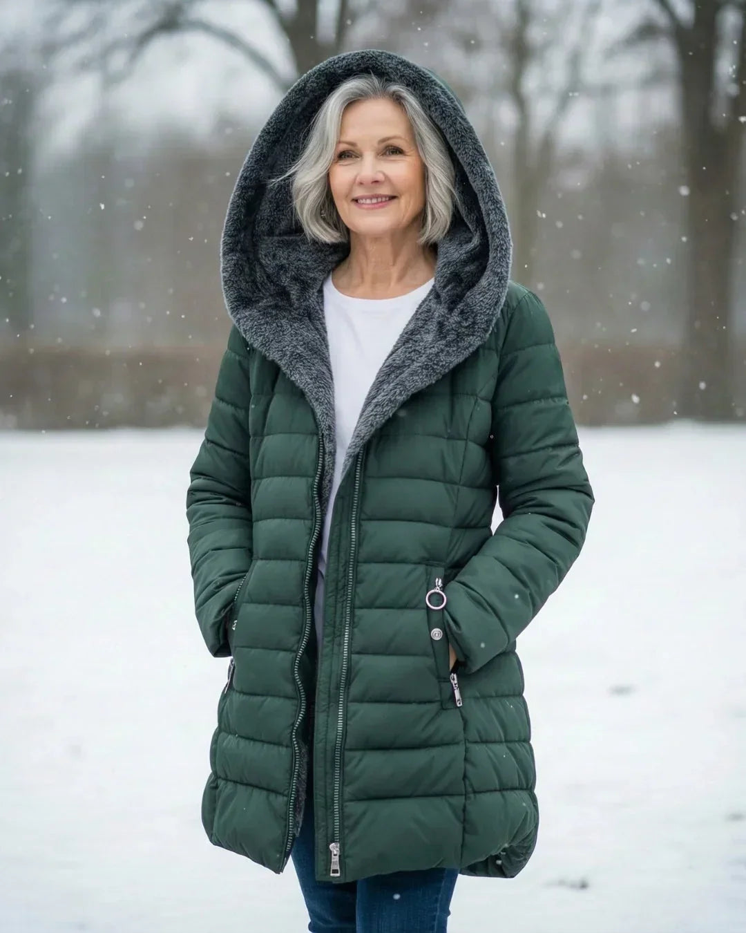Calvara | Women's Fleece-Lined Hooded Puffer Jacket - Dark Green - Image 1