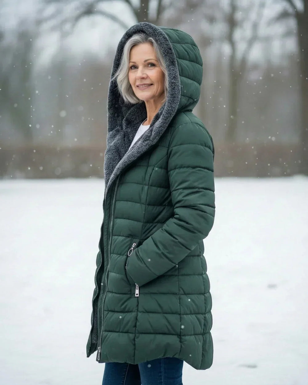 Calvara | Women's Fleece-Lined Hooded Puffer Jacket - Dark Green - Image 2