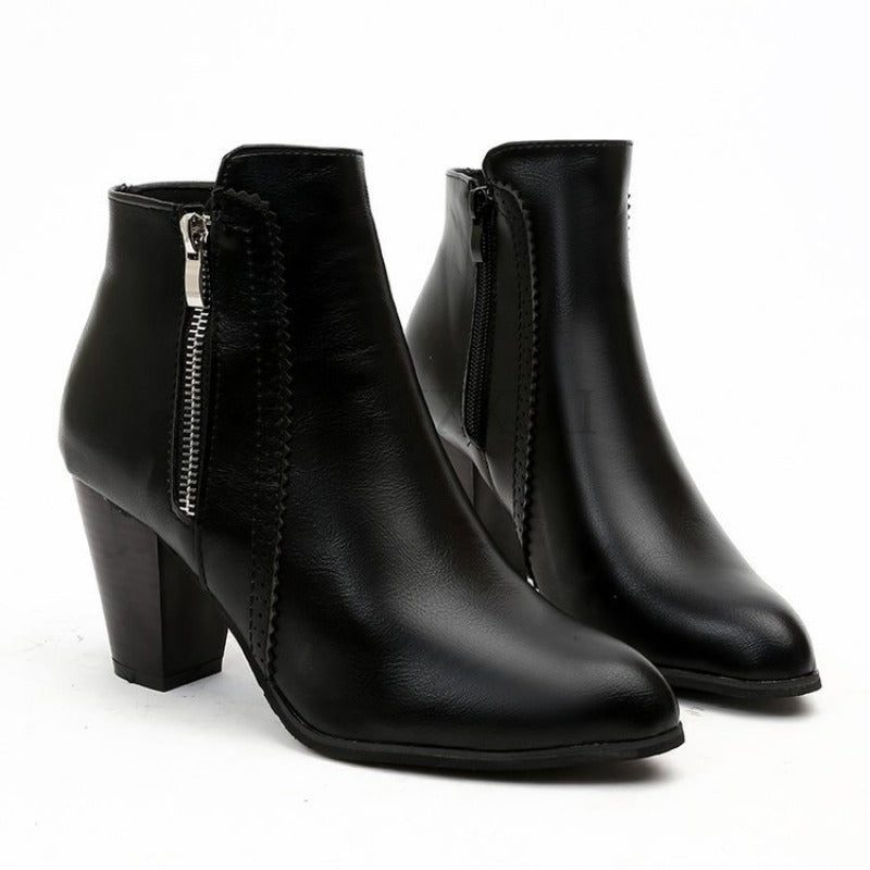 Calvessa | Women's Block Heel Ankle Boots with Side Zip - Black - Image 1