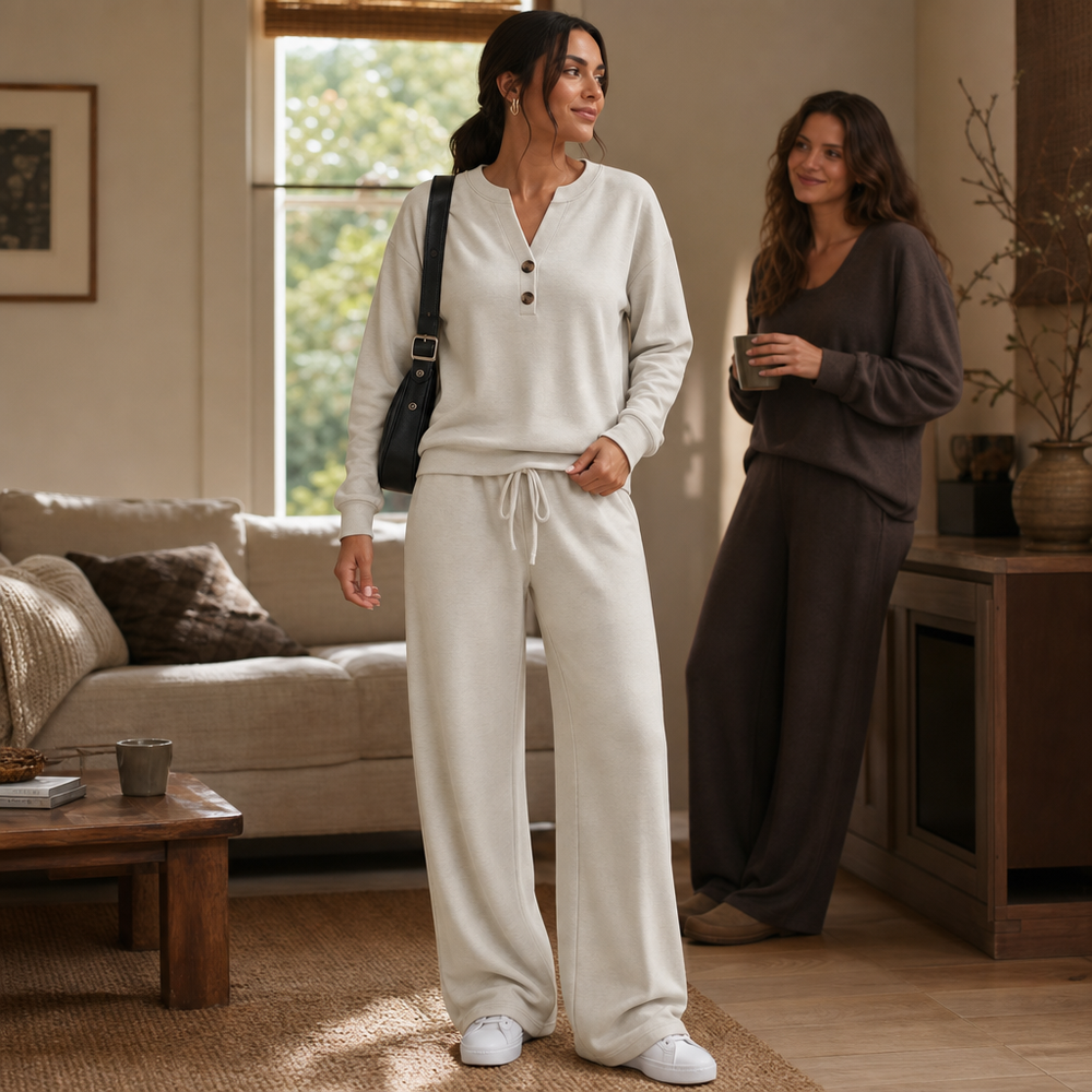 Calvessa | Women's Cozy Loungewear Set Wide-Leg - Beige - Image 2