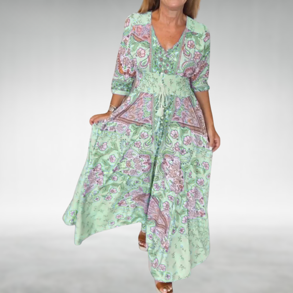 Camellia | Women's Paisley V-Neck 3/4 Sleeve Maxi Dress - Image 2