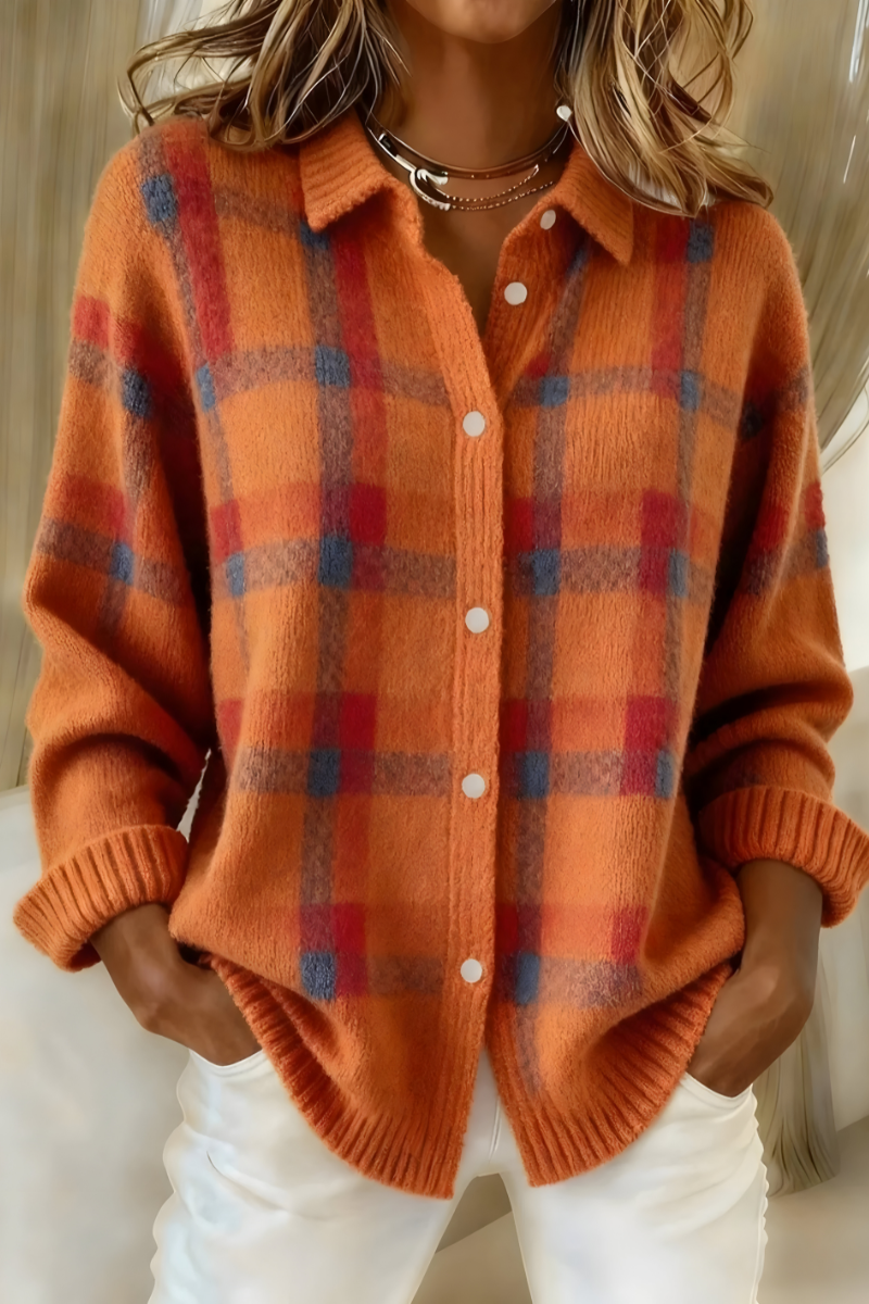 Carveth | Women's Plaid Button-Up Cardigan Sweater - Orange - Image 1