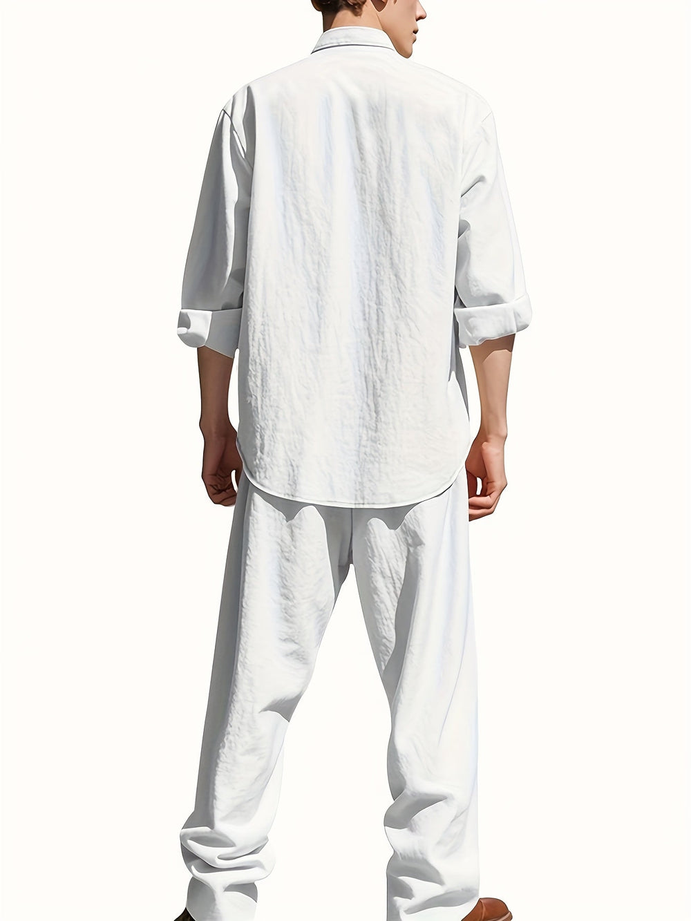 Caspian | Men's Band Collar Long Sleeve Shirt & Pants Set - White - Image 2