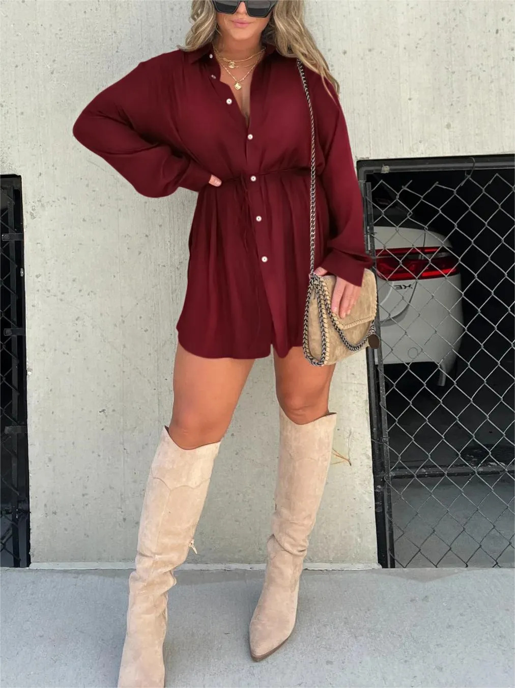 Catalina | Women's Button Down Long Sleeve Shirt Dress - Burgundy - Image 1