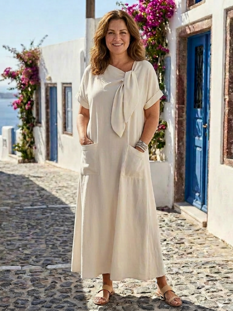 Catalina | Women's Round Neck Pocket Maxi Dress - Beige - Image 1