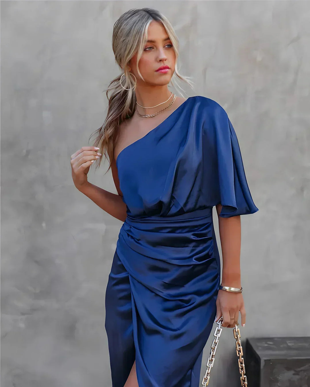 Celeste | Women's One Shoulder Asymmetric Midi Dress - Blue - Image 1