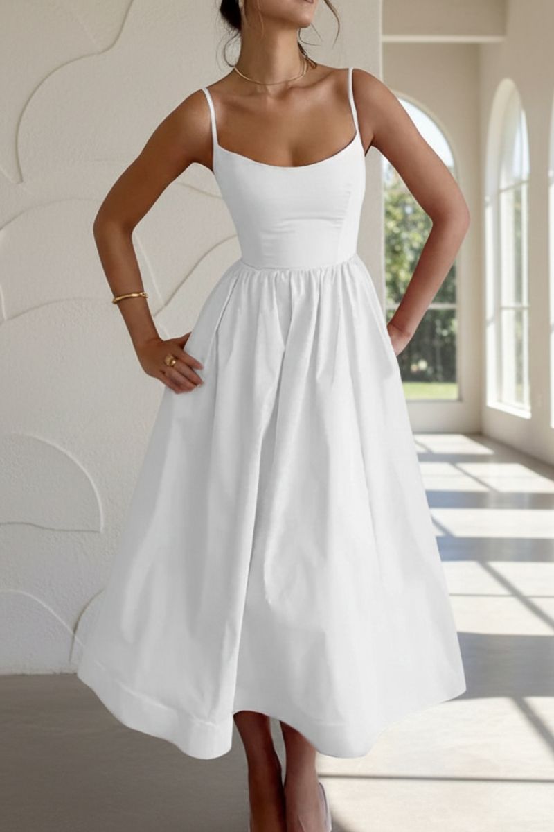 Celeste | Women's Scoop Neck Spaghetti Strap Midi Dress - White - Image 2