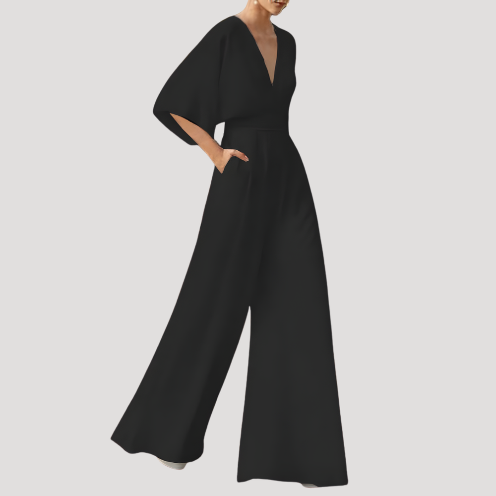 Celeste | Women's V-Neck Wide Leg Jumpsuit - Dark Green - Image 2