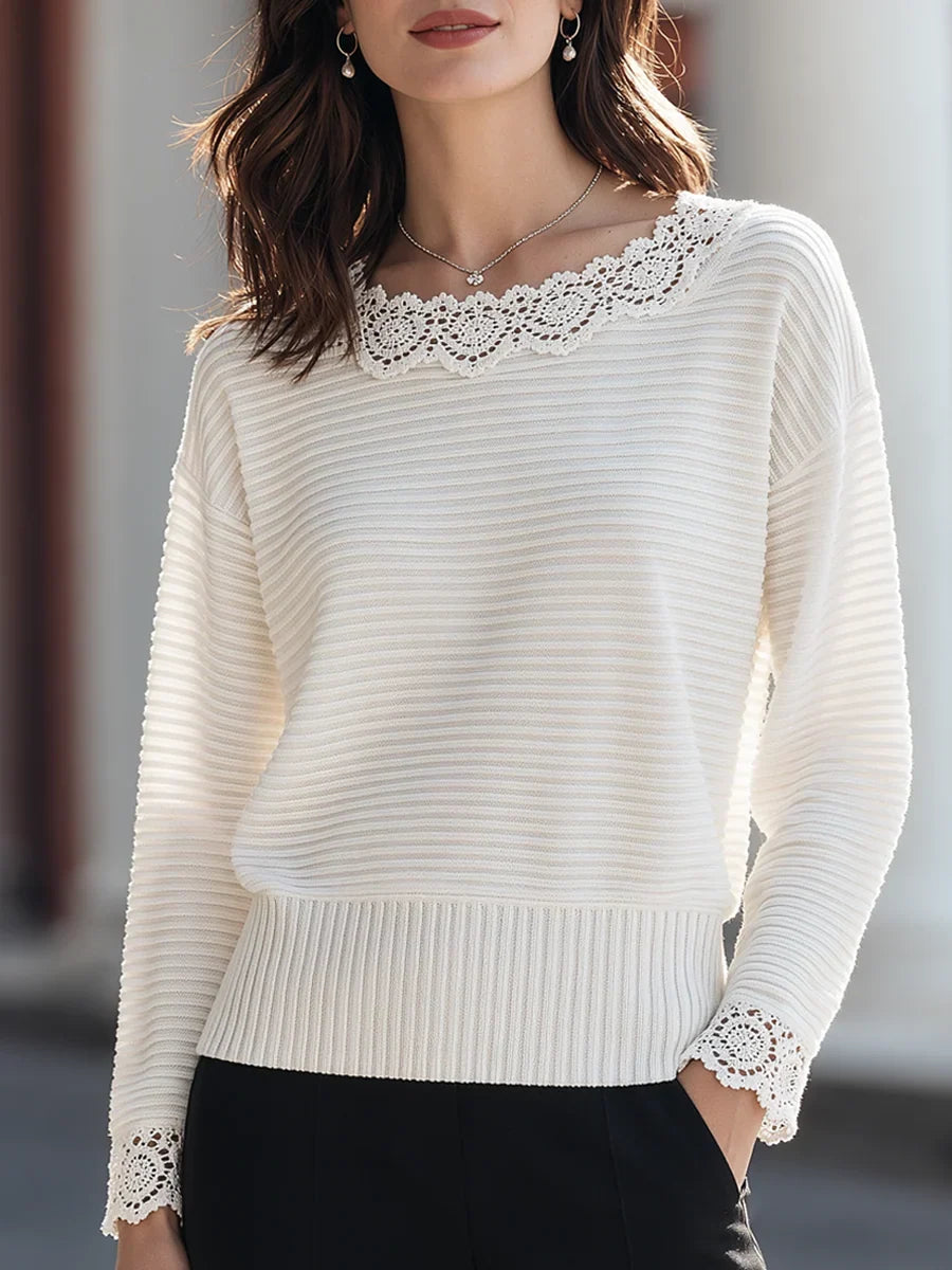 Celvorne | Women's Lace Trim Ribbed Knit Sweater - Cream - Image 1
