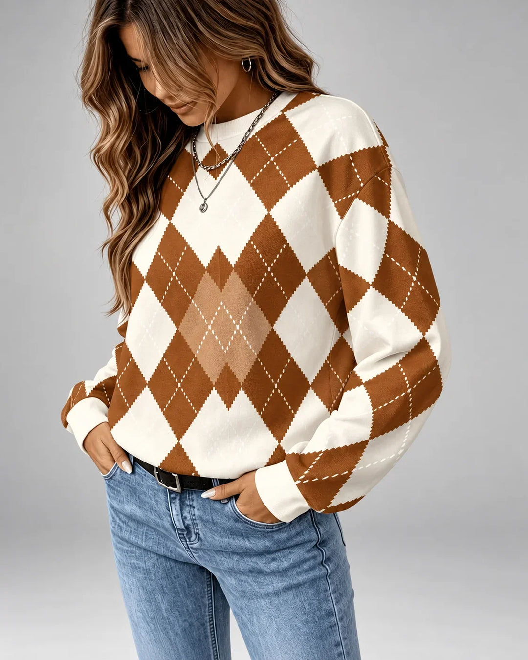 Cloveryn | Women's Argyle Knit Sweater Crew Neck - Image 1