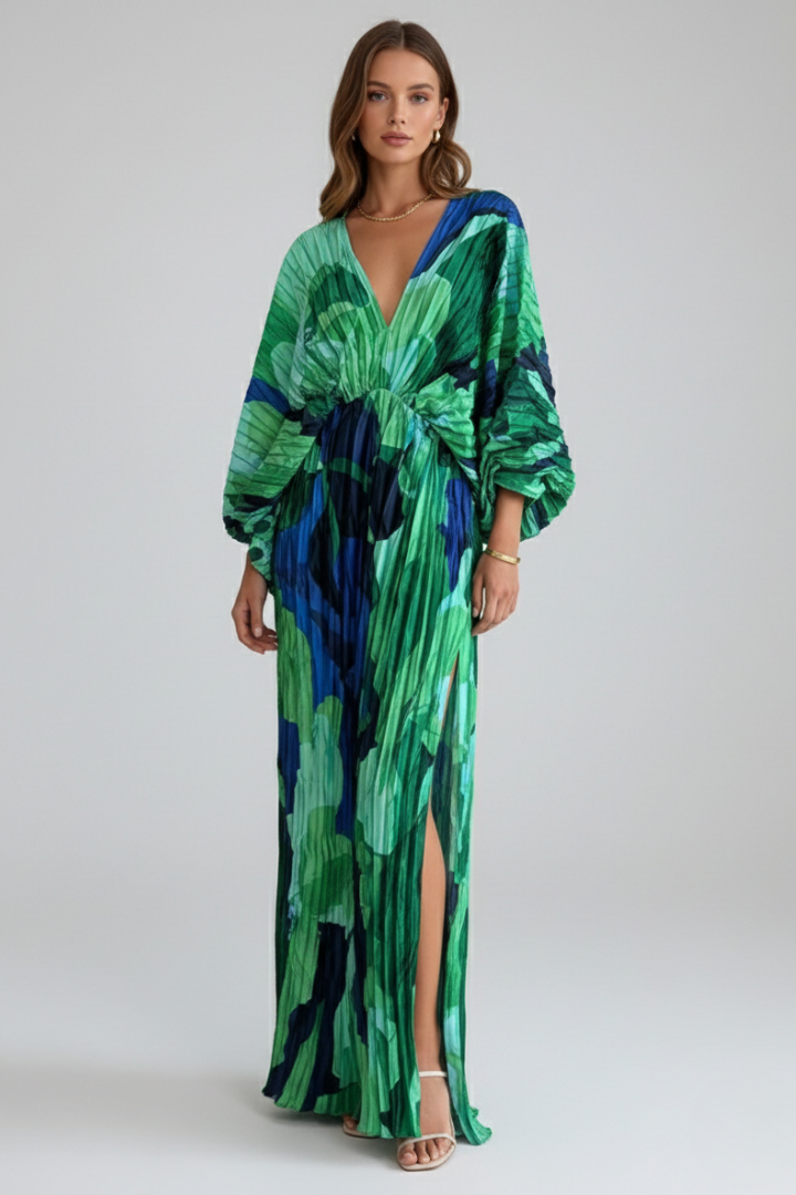 Cordelia

Wait, | Women's V-Neck Long Sleeve Pleated Maxi Dress - Green - Image 2