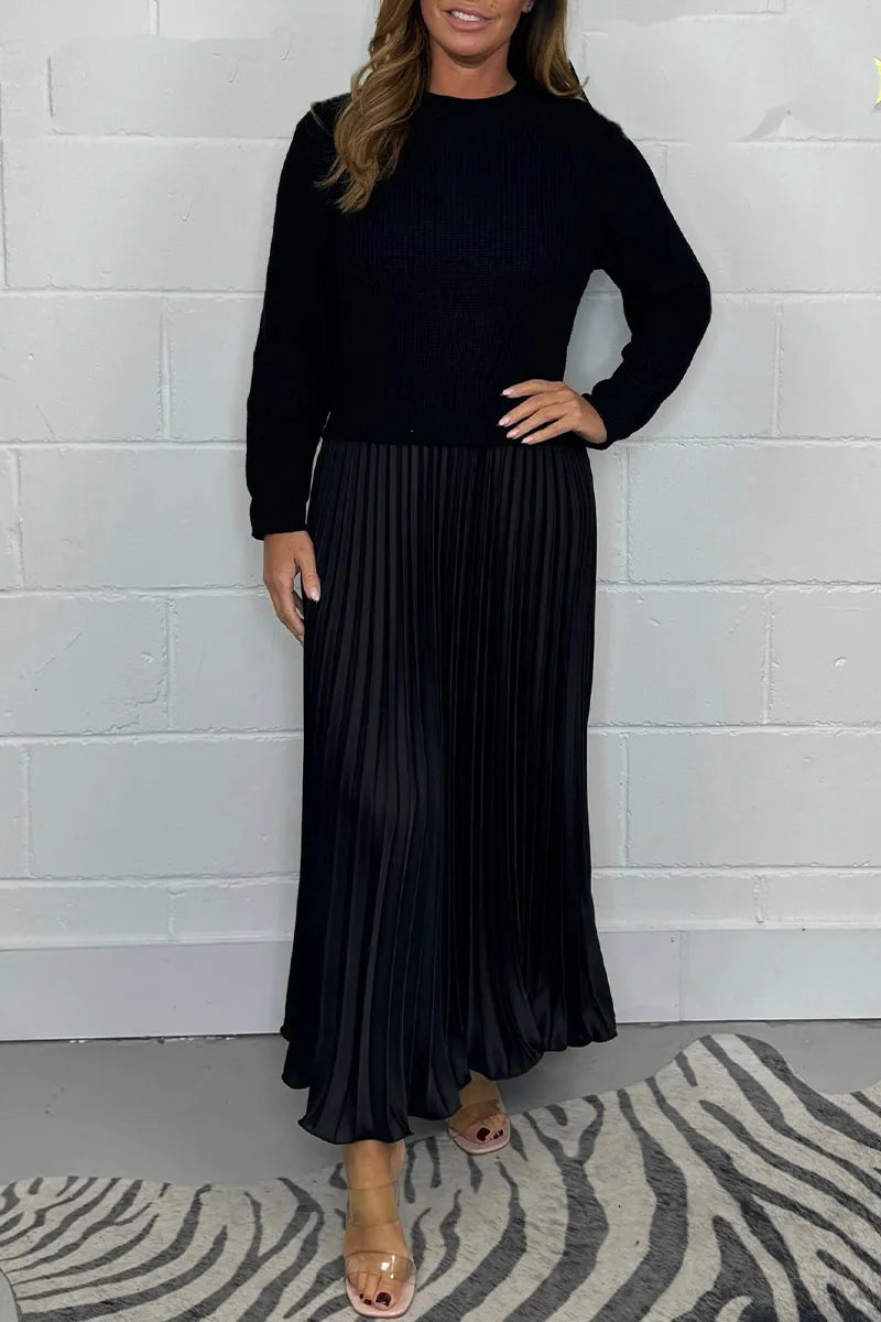 Corinna | Women's Knit Sweater Midi Dress with Pleated Skirt - Taupe - Image 2