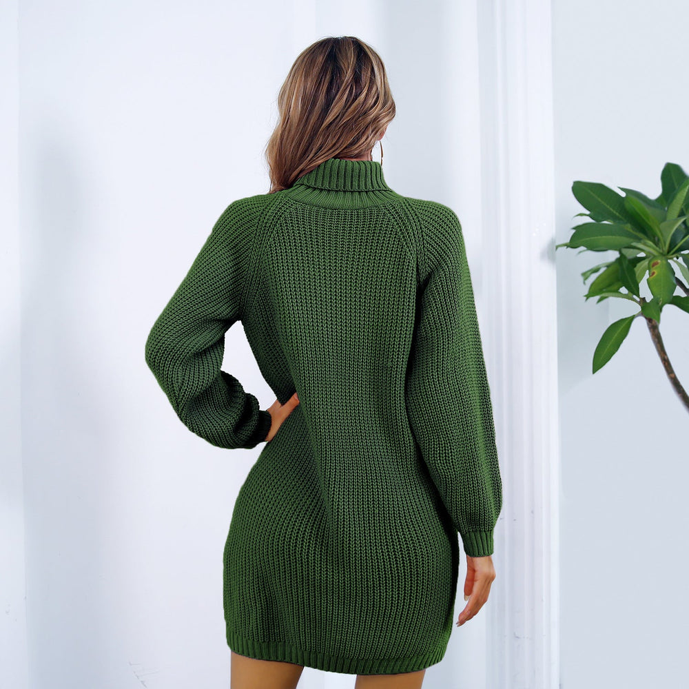 Corvaine | Women's Turtleneck Sweater Dress Mini - Dark Green - Image 2
