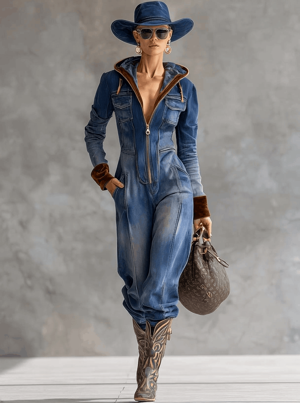 Darcy | Women's Hooded Long Sleeve Zip-Up Jean Jumpsuit - Blue - Image 2