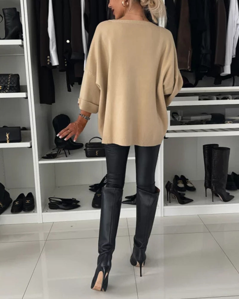Dawnira | Women's Oversized Button-Cuff Sweater - White - Image 2