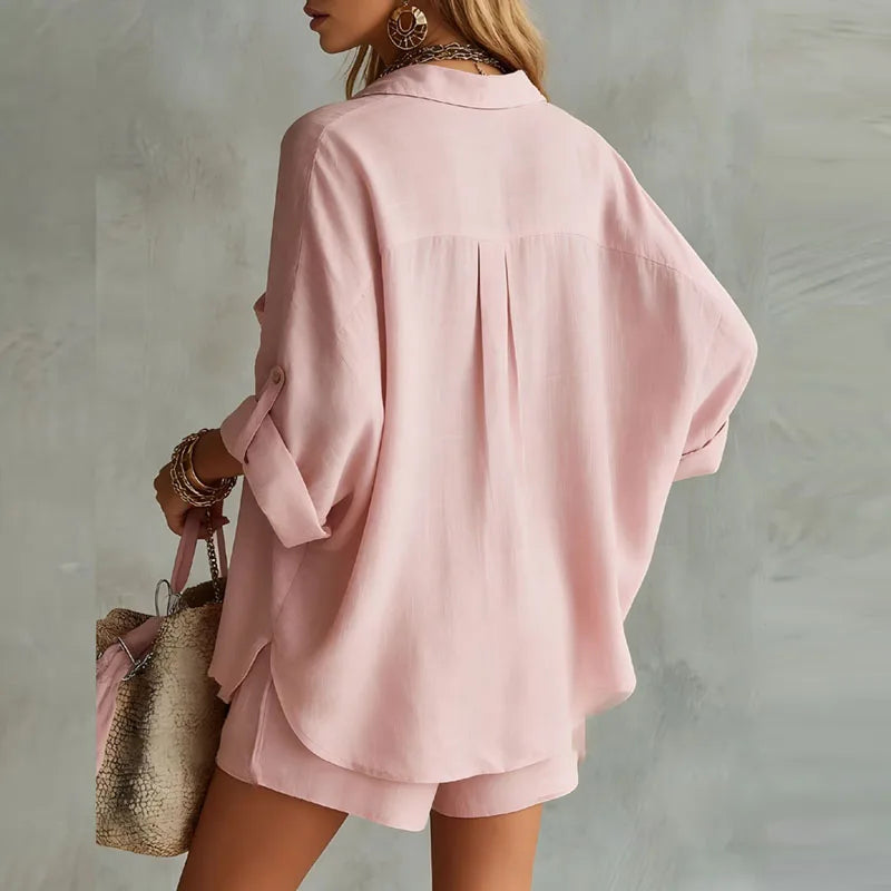 Delphine | Women's Two Piece Shirt Shorts Set - Pink - Image 2