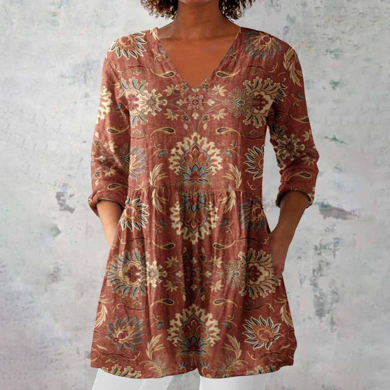 Delphine | Women's V-Neck 3/4 Sleeve Printed Tunic - Brown - Image 2