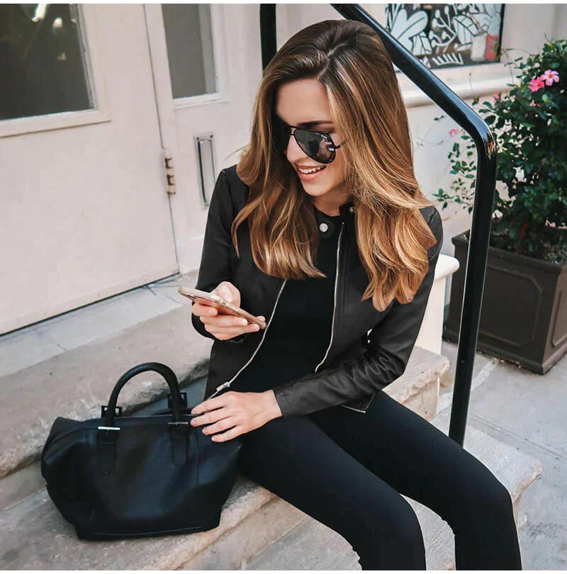 Delveth | Women's Faux Leather Moto Jacket - Black - Image 2