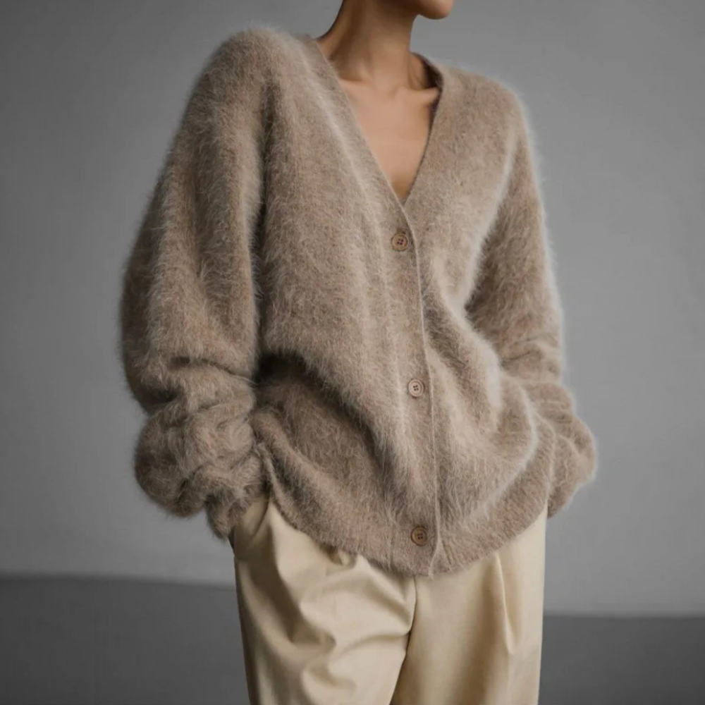 Delwyn | Women's Oversized Fuzzy Button-Front Cardigan - Taupe - Image 1