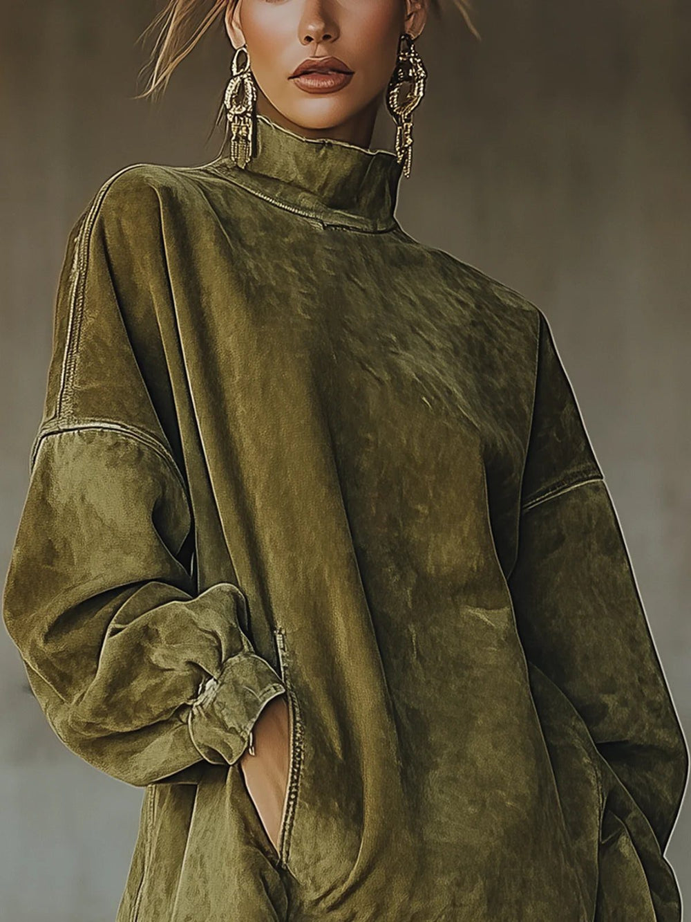 Drexana | Women's Oversized Sweater Dress with Fringe - Olive Green - Image 2