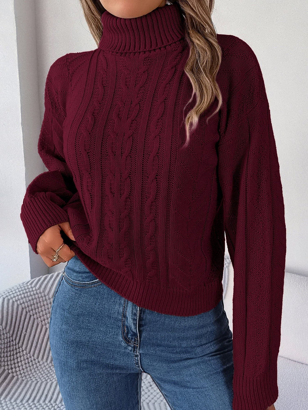 Drexelle | Women's Turtleneck Cable Knit Sweater - Burgundy - Image 1