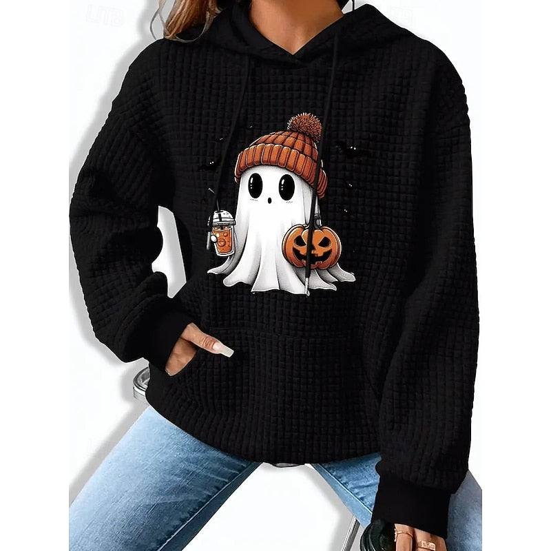 Driselle | Women's Halloween Ghost Print Hoodie Sweatshirt - Light Grey - Image 2